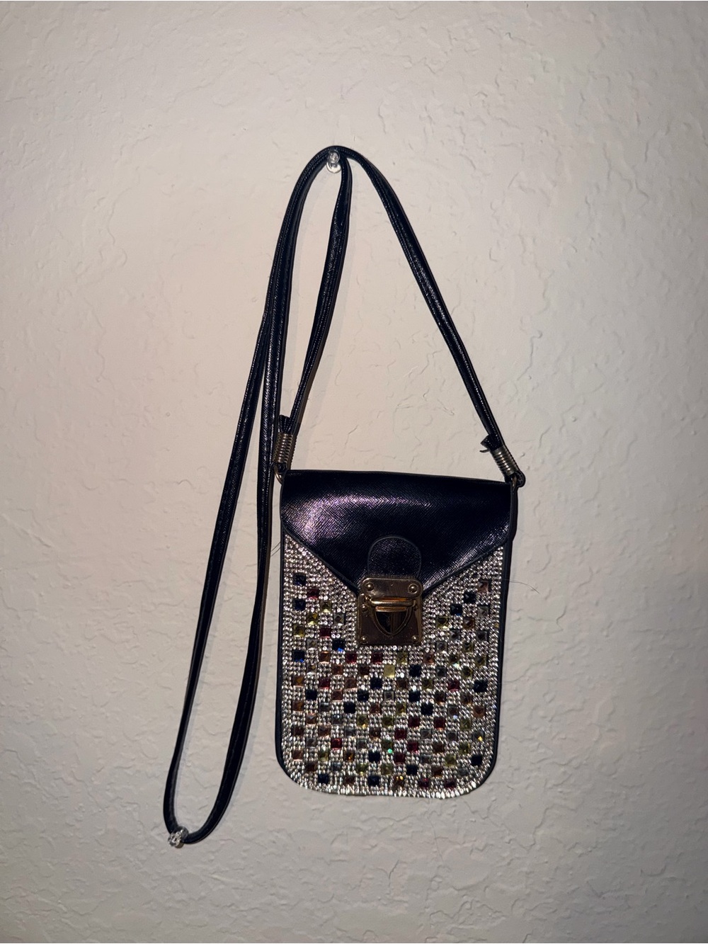 Black Crossbody Phone Bag with Multicolor Rhinestone Front
